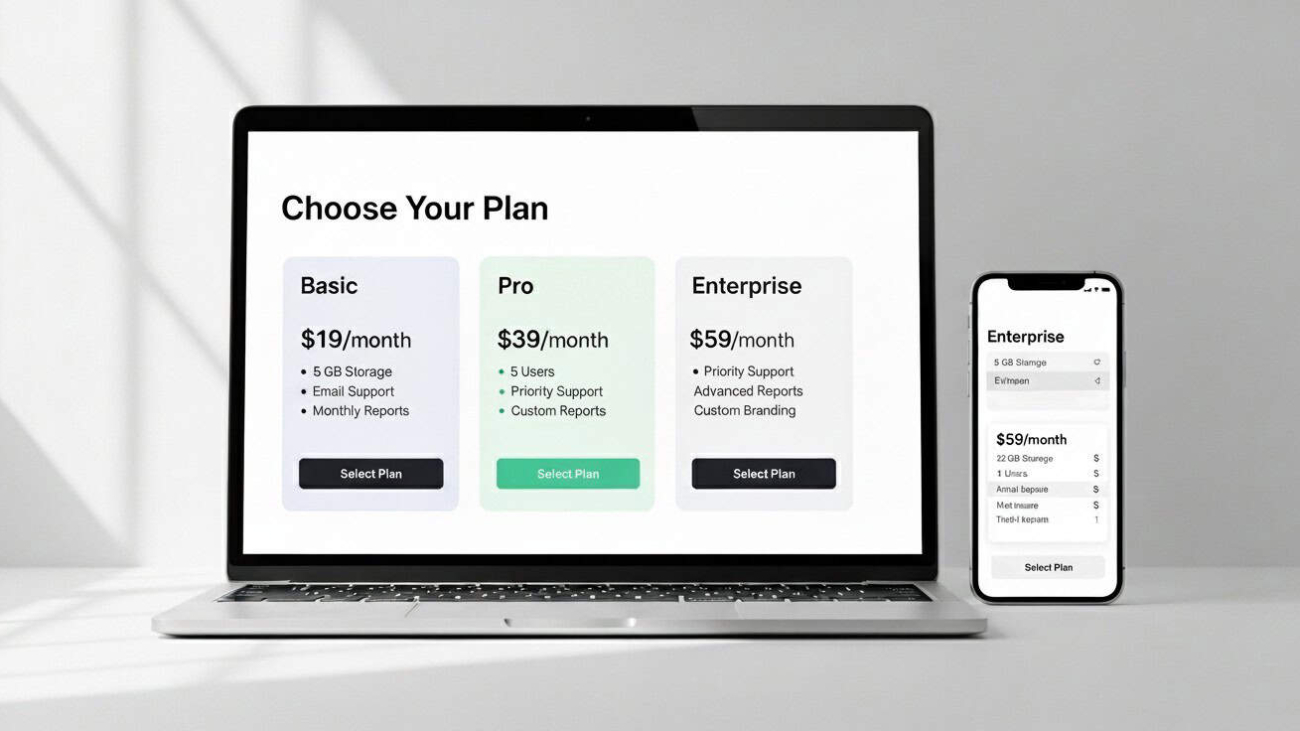 A laptop and a mobile phone showing different pricing plans