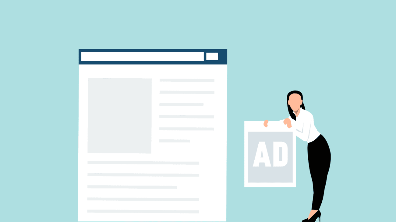 A tab and a woman holding a sign that says AD