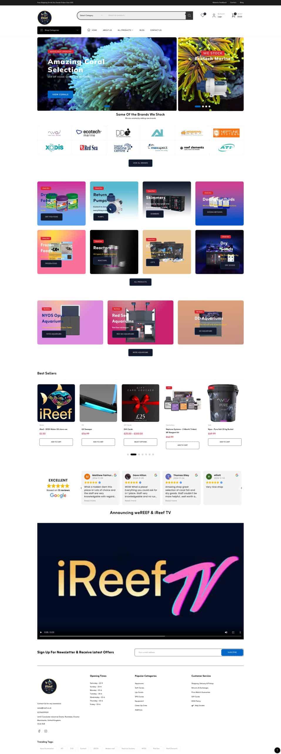 Screenshot of iReef ecommerce website showing homepage and products