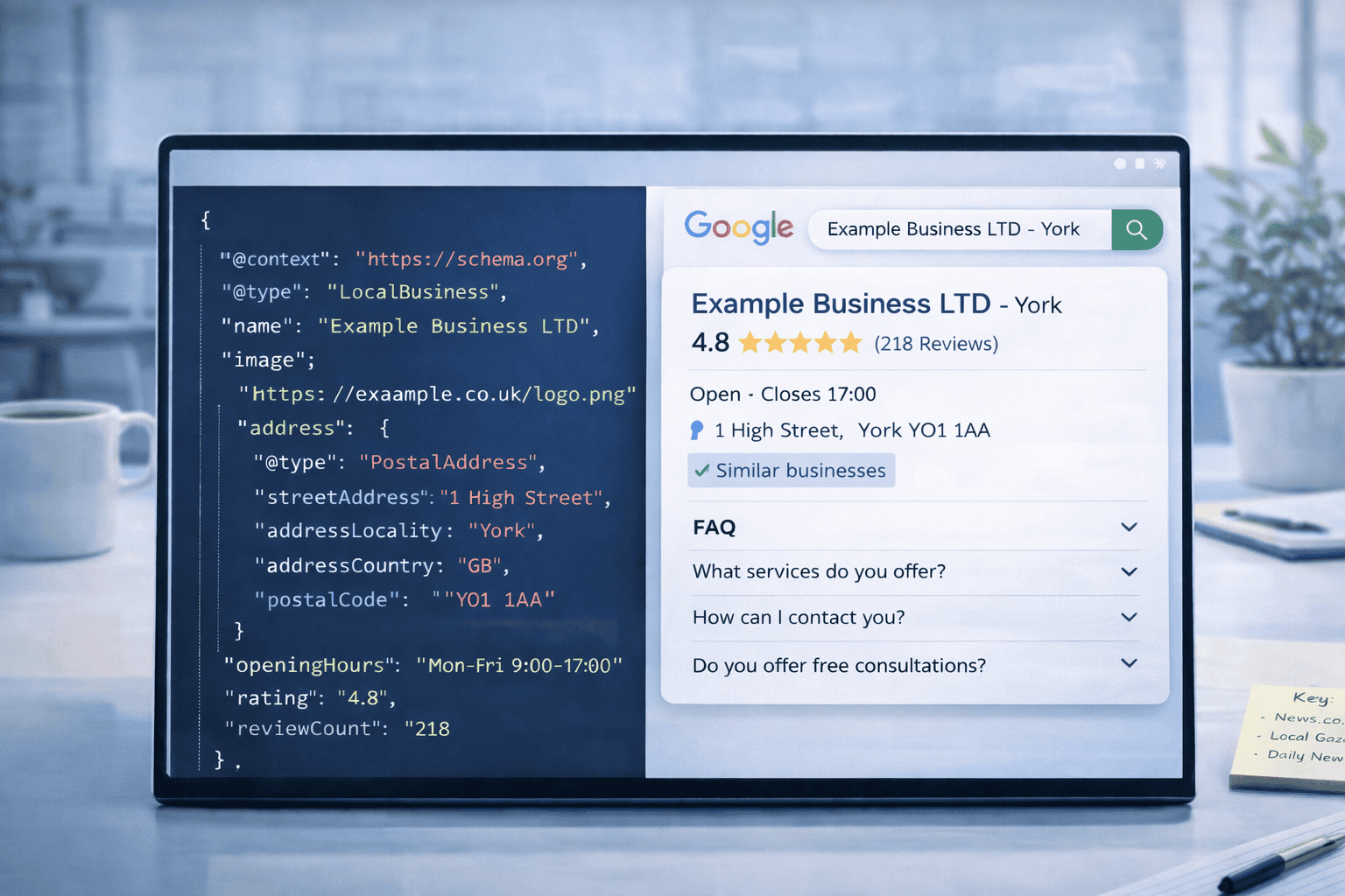 LocalBusiness structured data example showing enhanced Google search listing for a UK service business