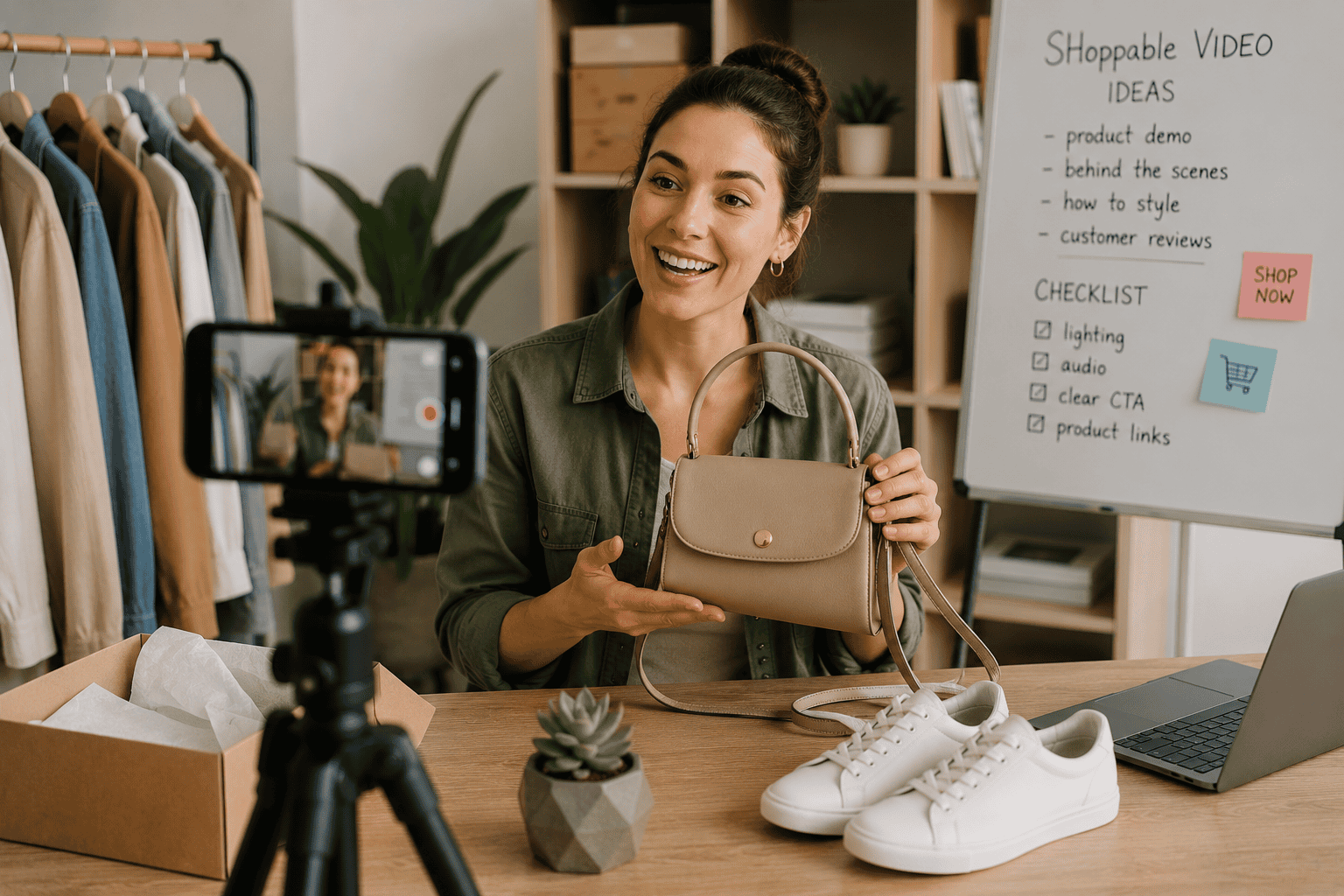 Business owner creating shoppable video content to promote products online