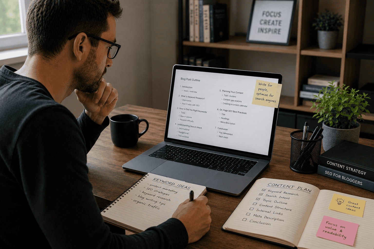 Content creator researching keywords and planning an SEO-focused blog article
