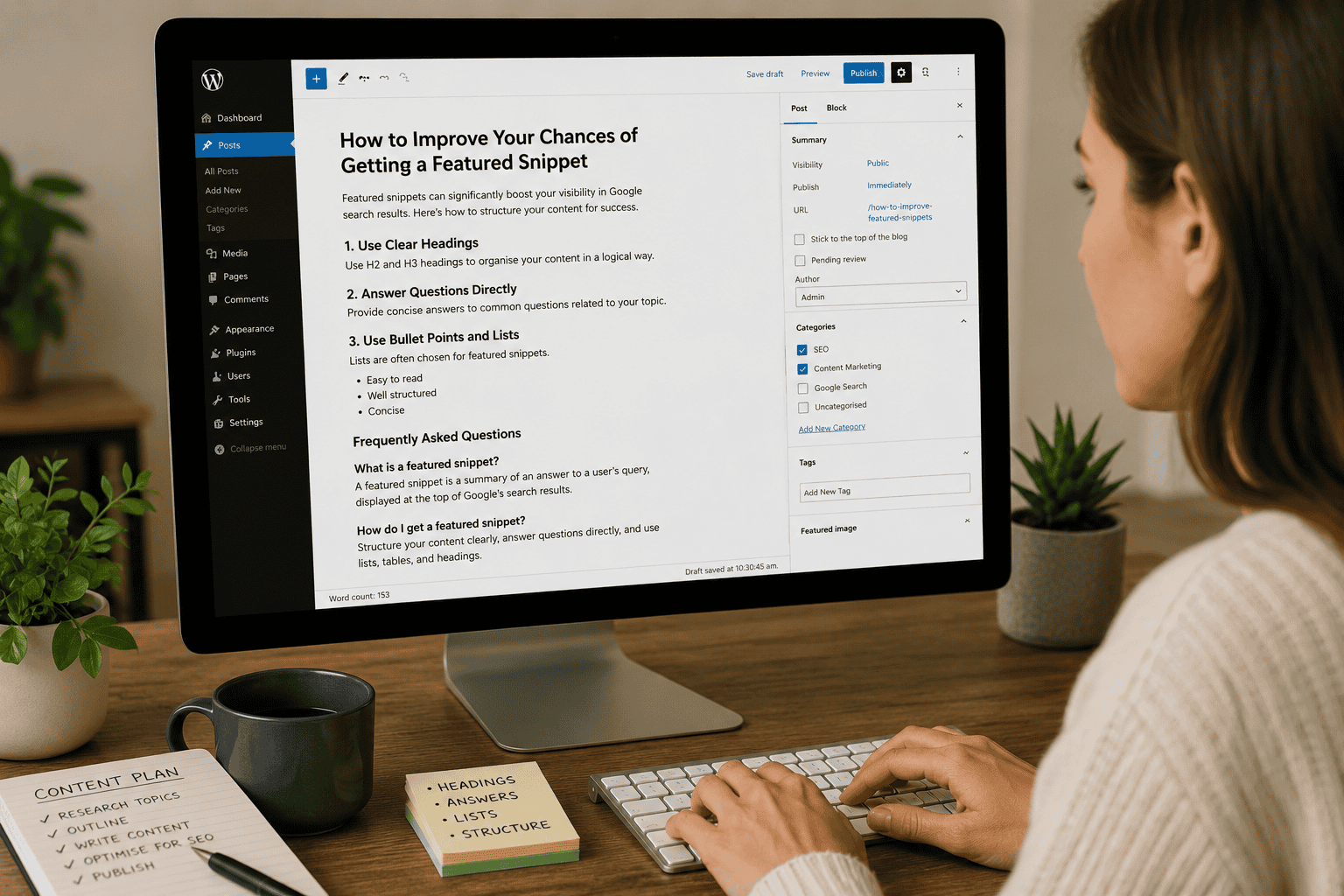 Content writer structuring website content with headings and answers to improve featured snippet opportunities