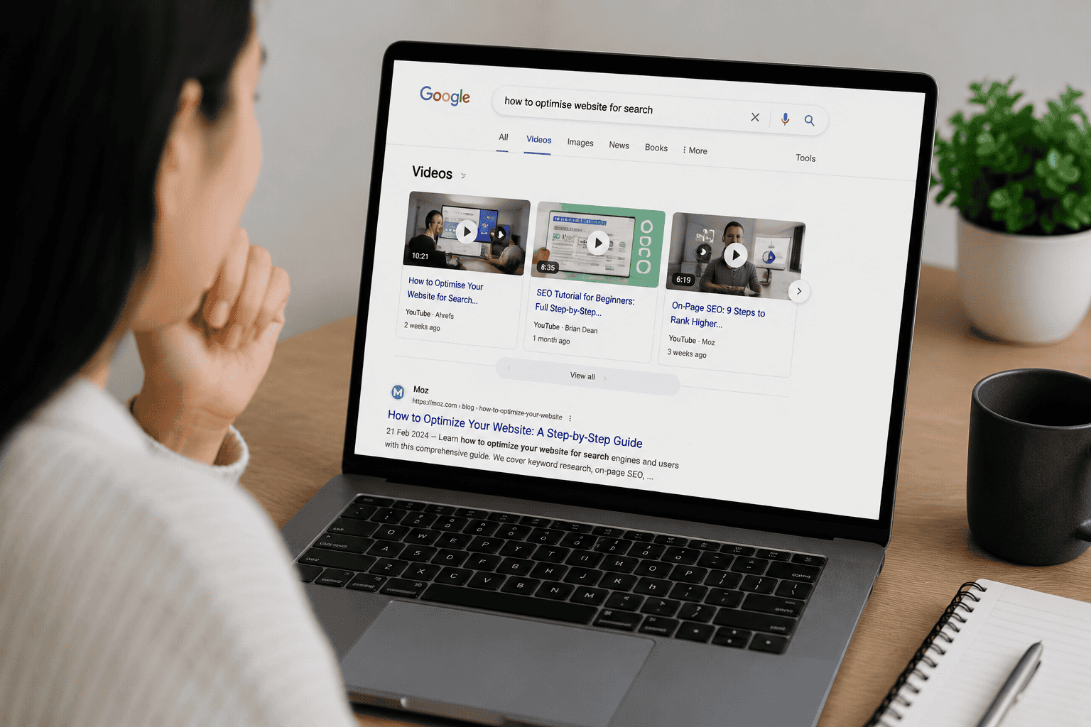 Google search results featuring video content prominently above traditional website listings