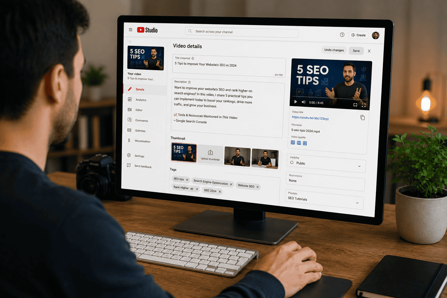 Content creator optimising video titles, descriptions and thumbnails for search visibility
