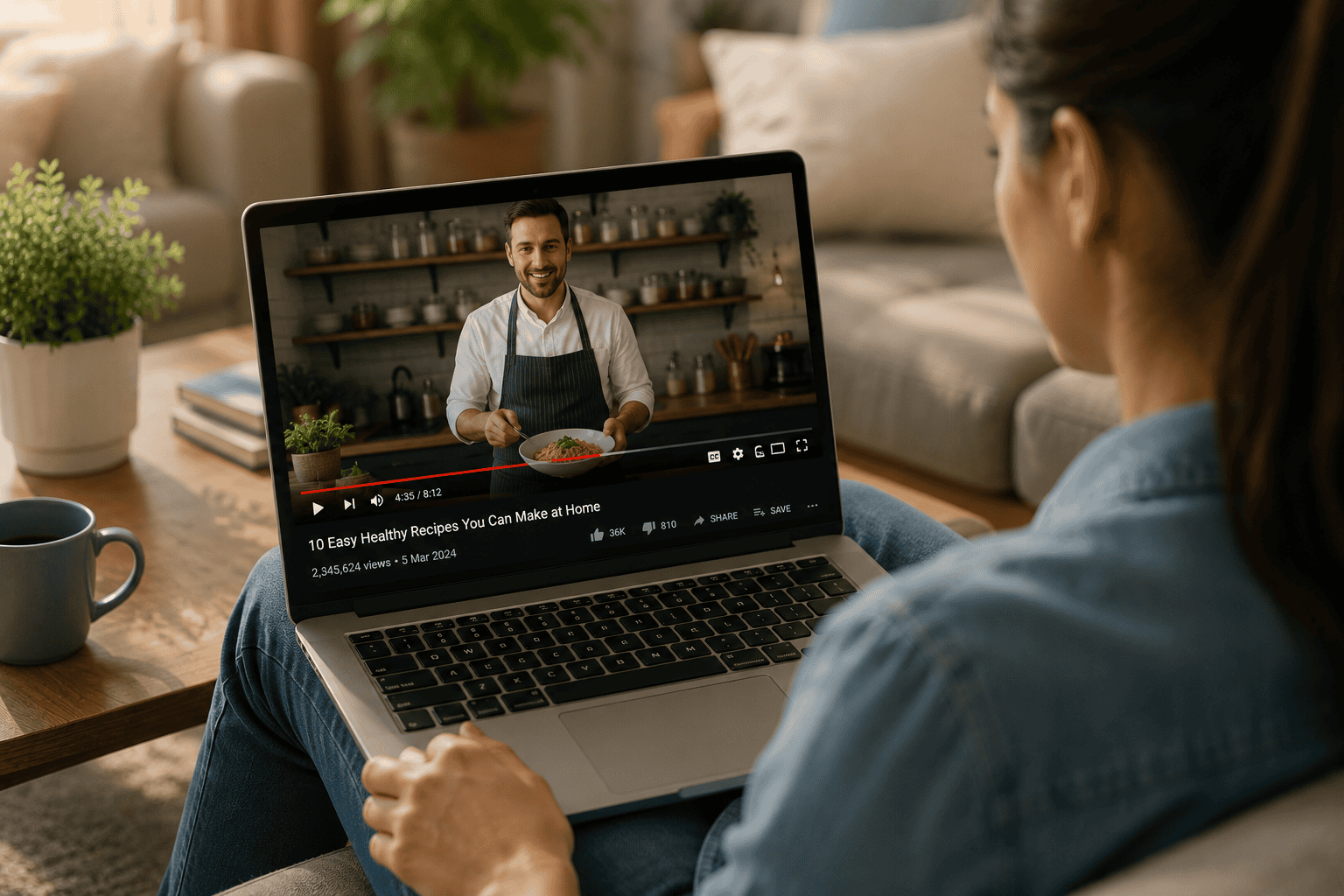 Viewer engaging with video content and contributing to strong watch-time signals