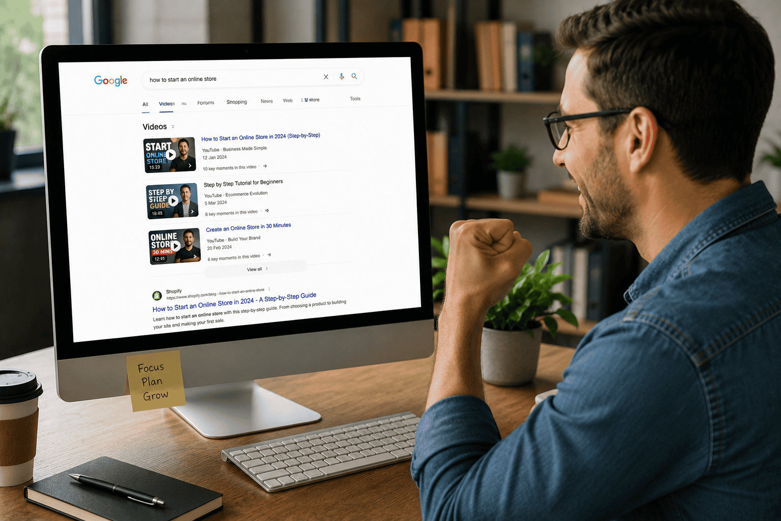 Business owner reviewing successful video rankings in Google search results