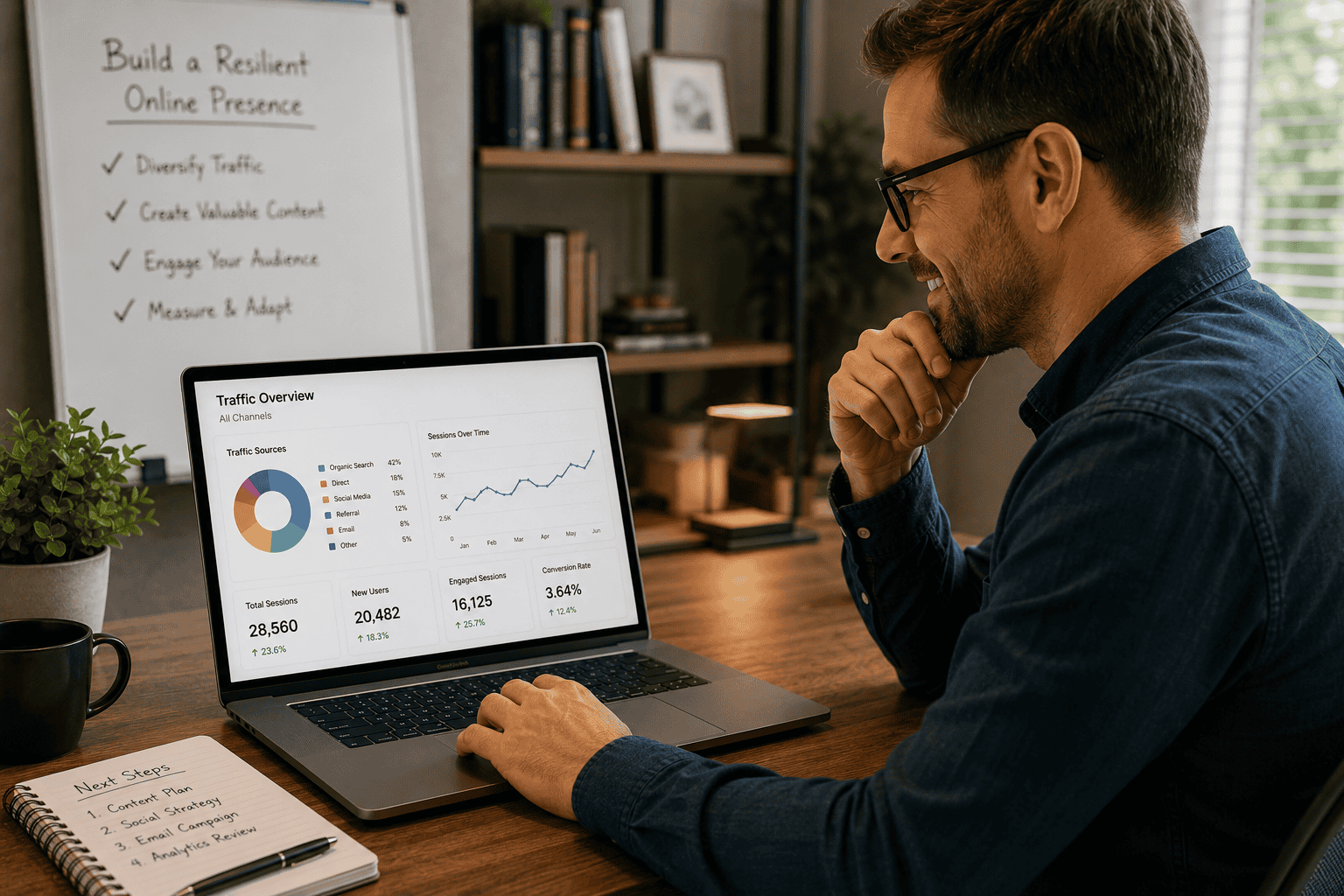 Business owner building a resilient online presence through multiple digital marketing channel