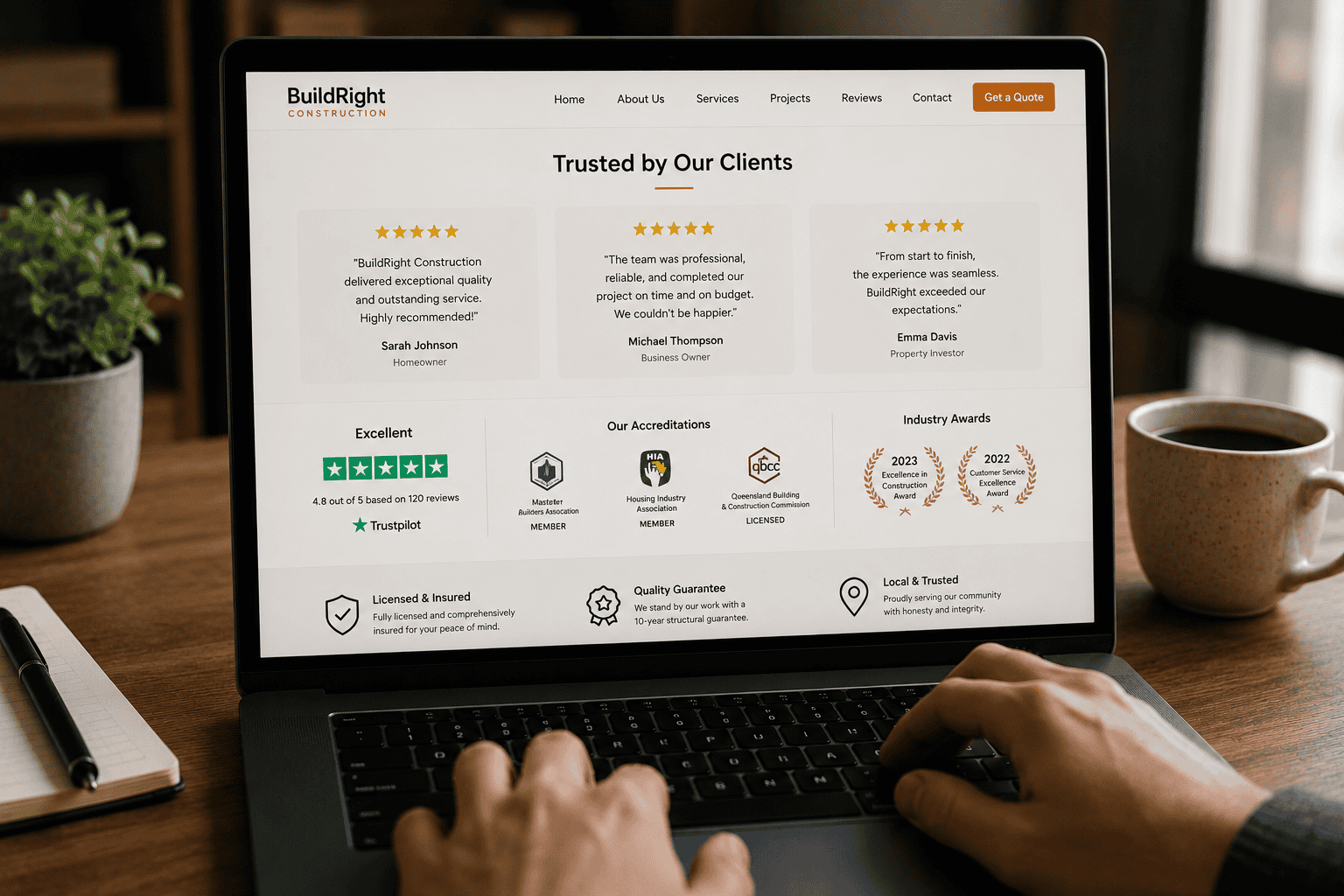 Business website displaying customer reviews, accreditations and trust-building credentials