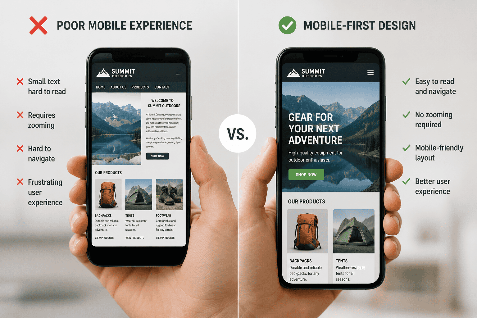 Comparison between a poorly optimised mobile website and a responsive mobile-first design