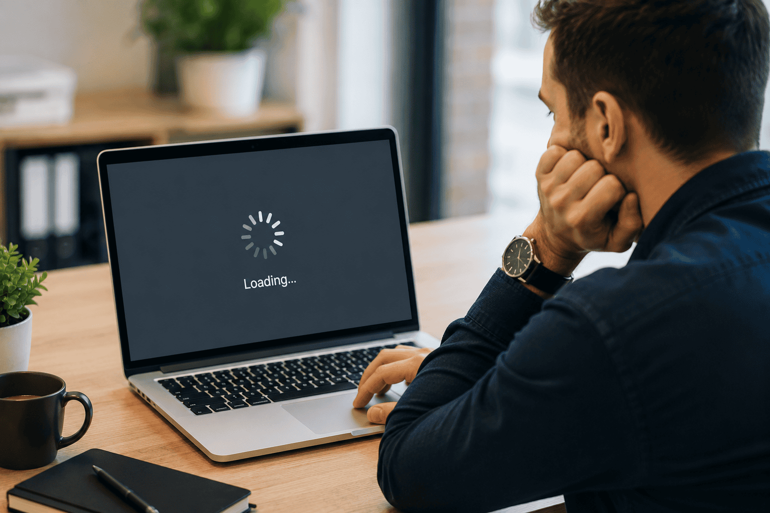 Website visitor waiting for a slow webpage to load on a laptop