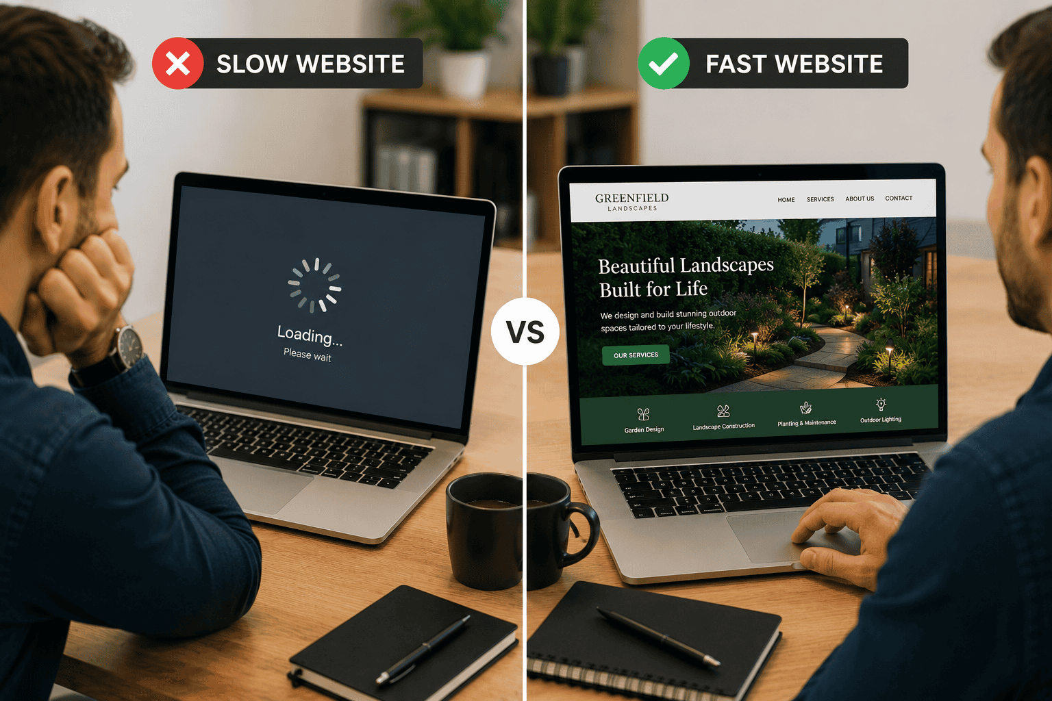 Comparison between a slow-loading website and a fast responsive website.