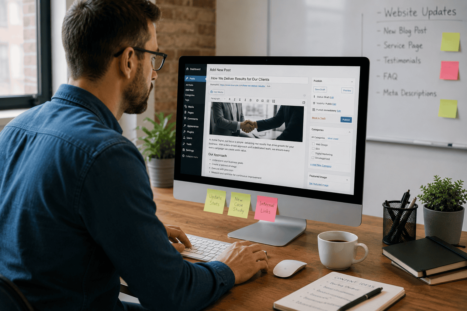 Business owner improving website content to maintain search visibility after an algorithm update