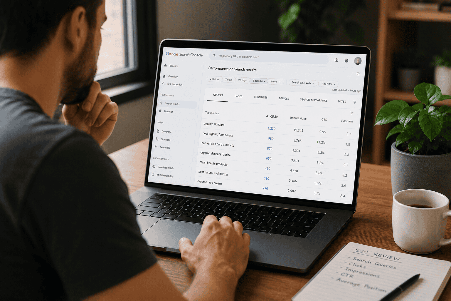 Website manager analysing search queries, clicks and impressions in Google Search Console