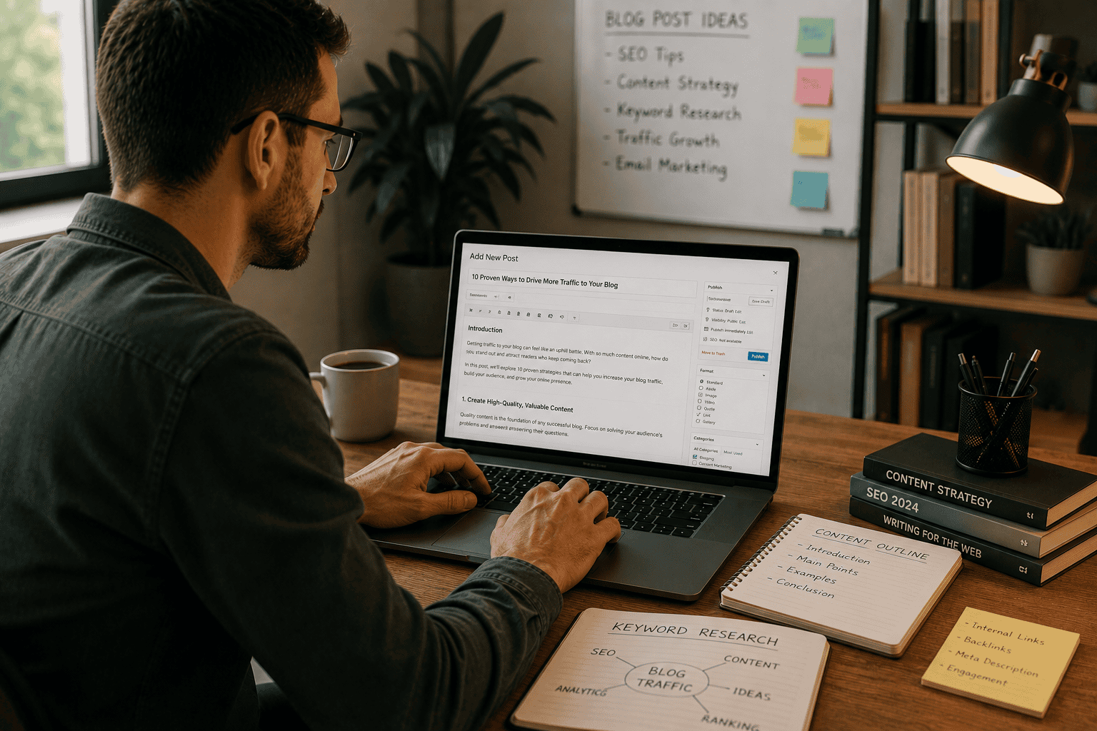 Content writer creating a blog post designed to attract search engine traffic and readers