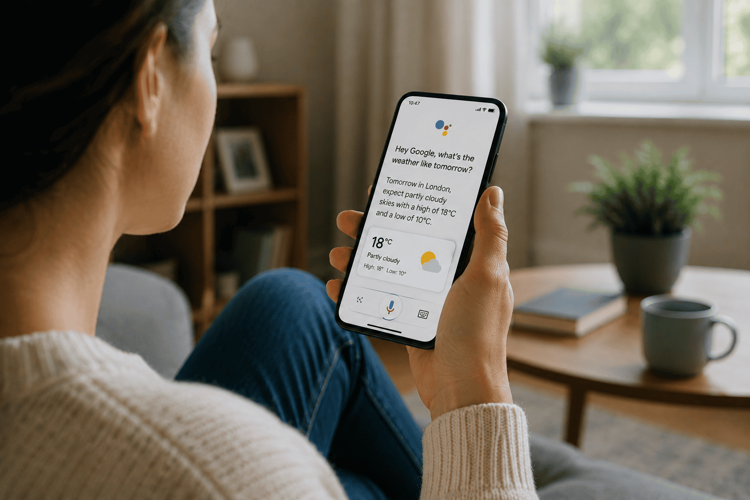 User interacting with Google Assistant through voice search on a smartphone