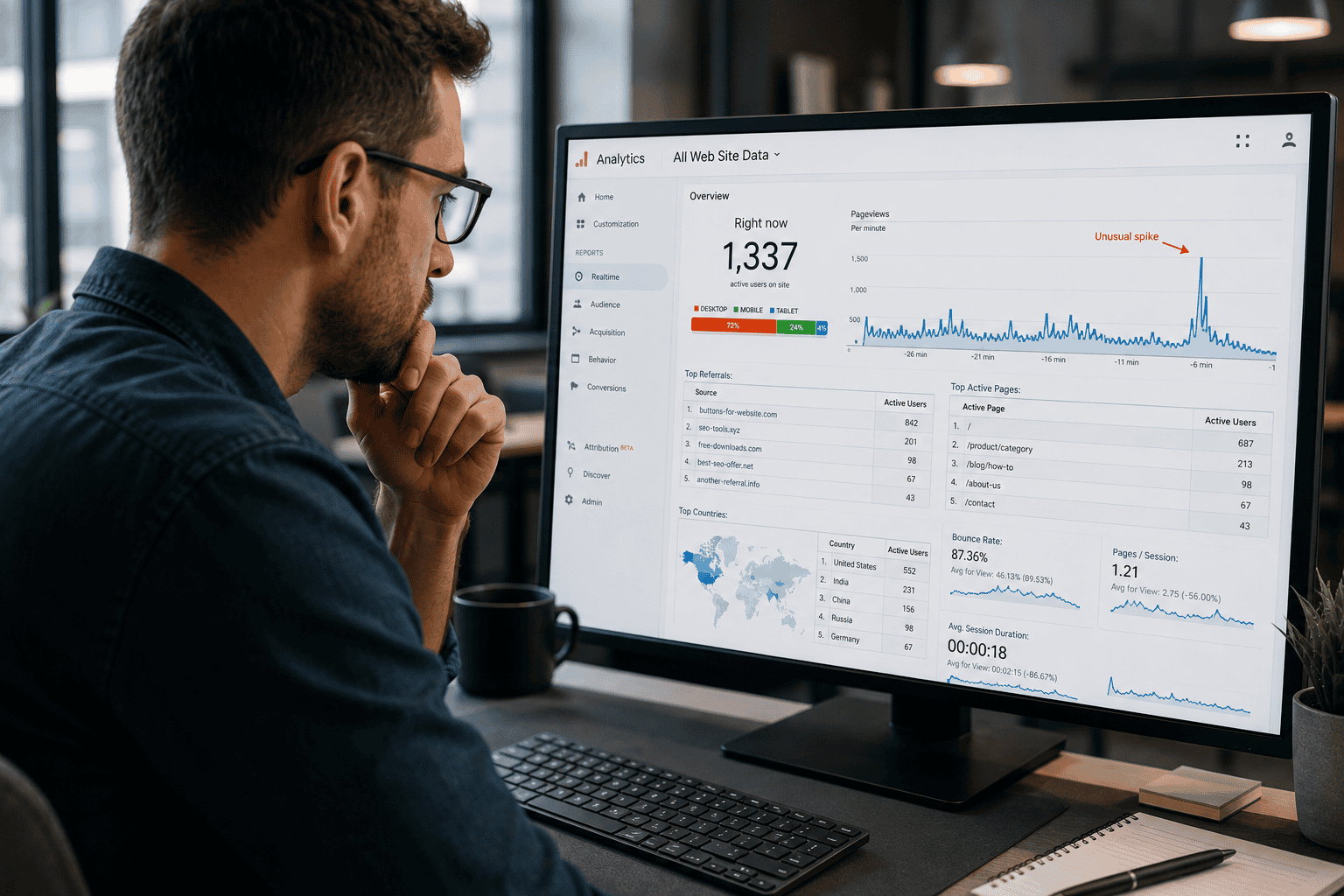 Website owner investigating unusual website visitor activity