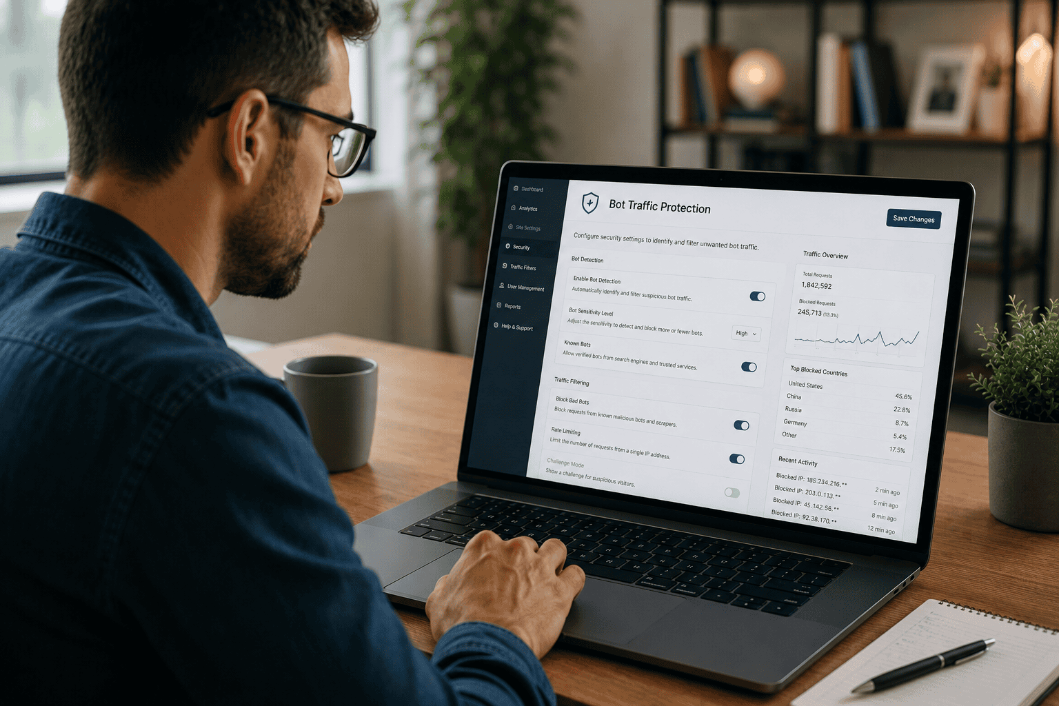 Website administrator identifying suspicious traffic patterns that may indicate bot activity