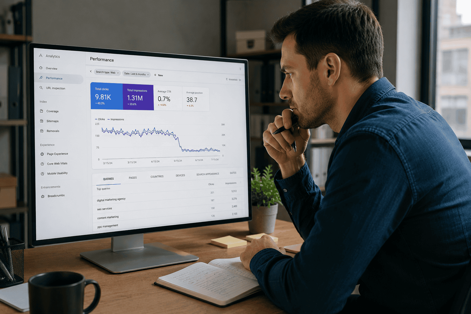 Marketing professional analysing a significant decline in website performance