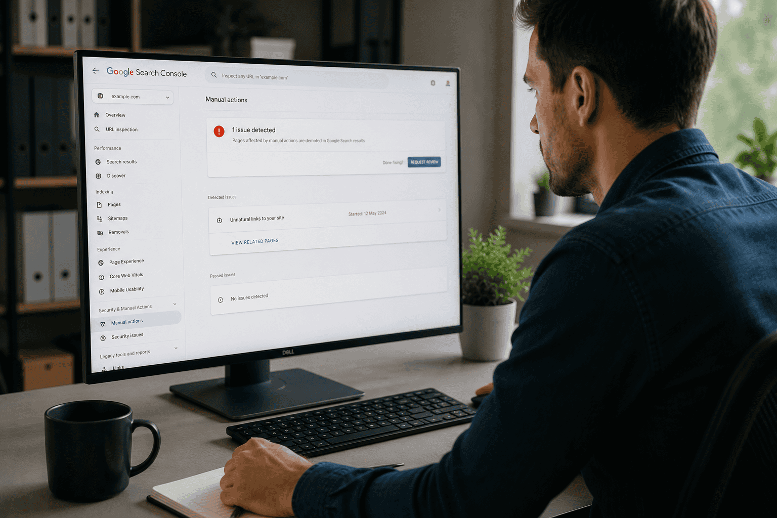Website administrator reviewing Google Search Console to identify potential website penalties
