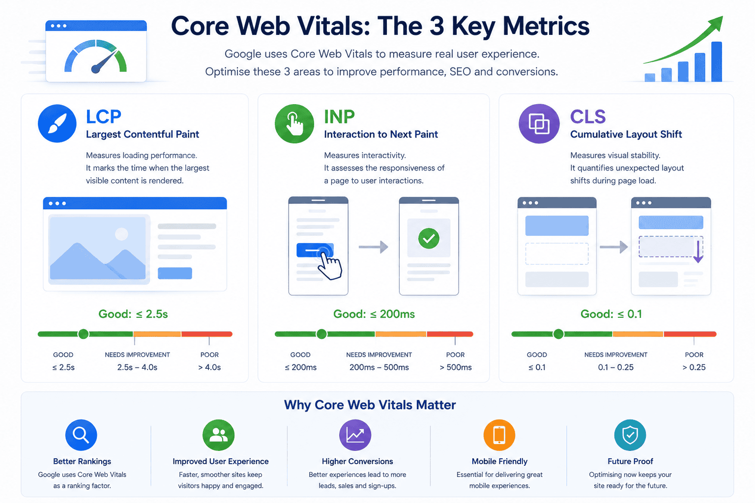 Core Web Vitals metrics showing Largest Contentful Paint, Interaction to Next Paint and Cumulative Layout Shift