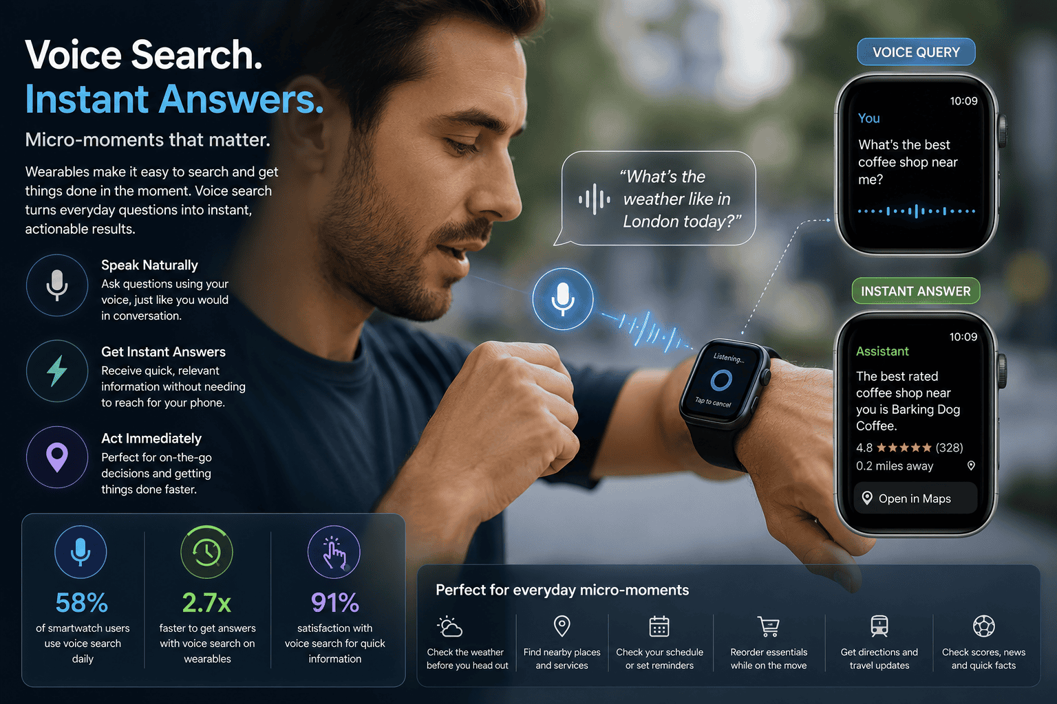 User performing voice search on a smartwatch and receiving instant search results