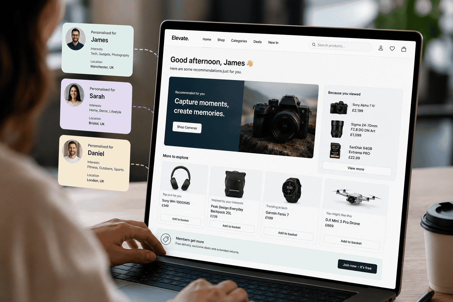 Personalised website experience delivering tailored content and recommendations to individual users