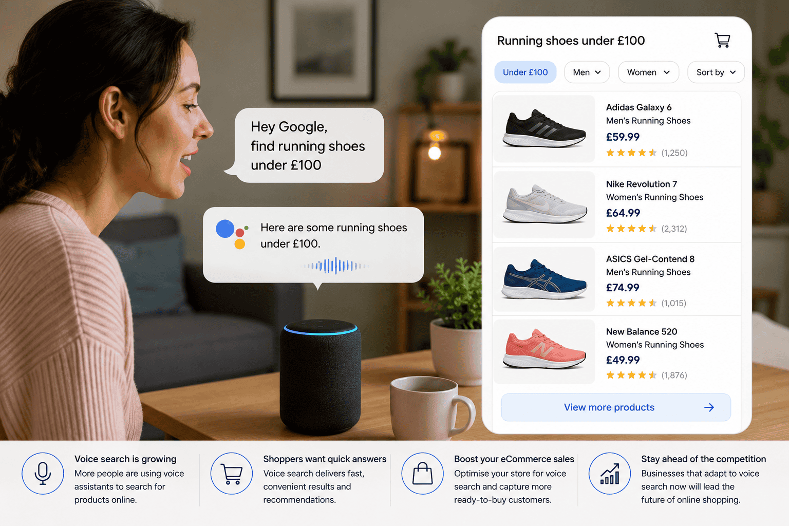 Consumer using voice search technology to find products and shop online