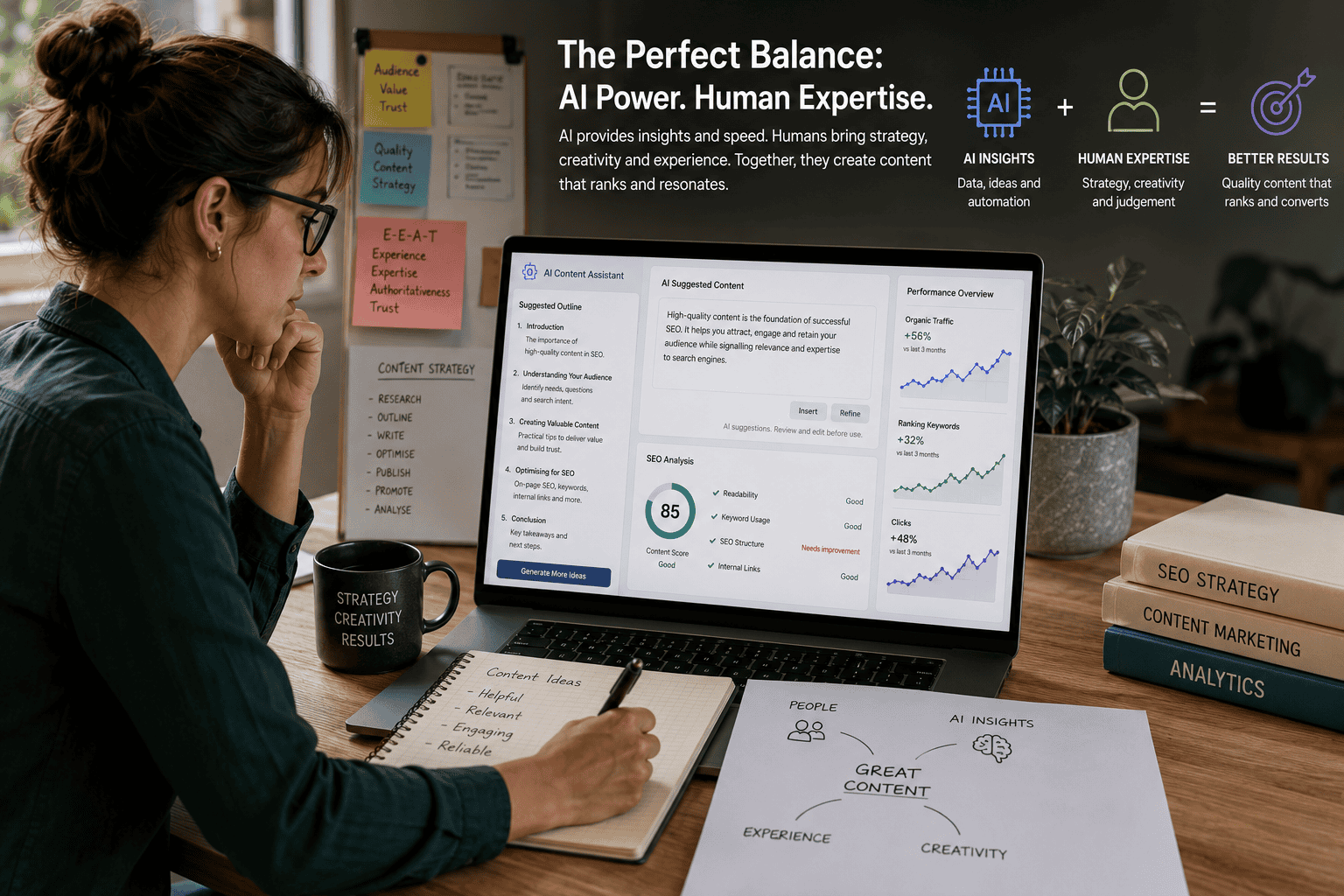 SEO professional using AI tools to support content creation while maintaining human expertise and oversight