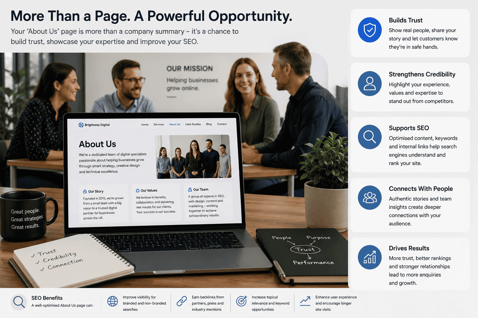 Professional business team featured on an About Us page to build trust and support SEO performance