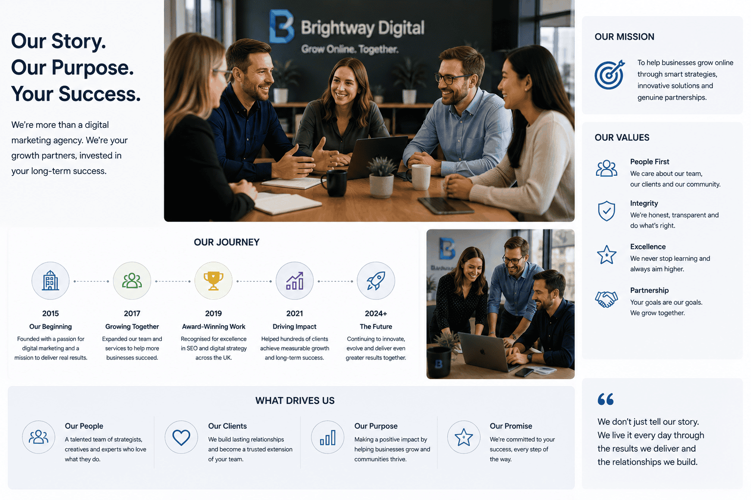 Company story and brand values presented to strengthen customer trust and engagement