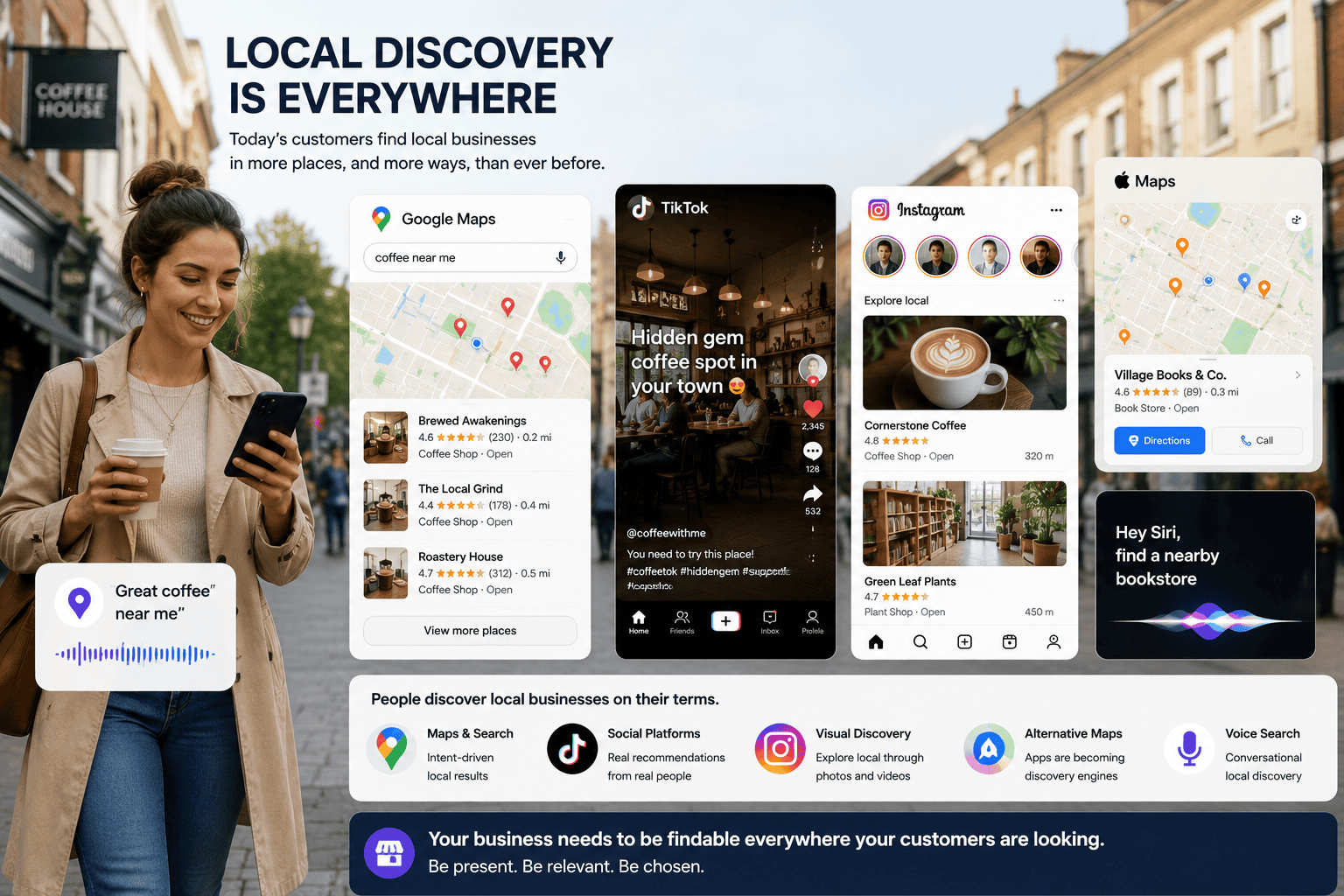 Consumer discovering local businesses through maps, social platforms and mobile search apps