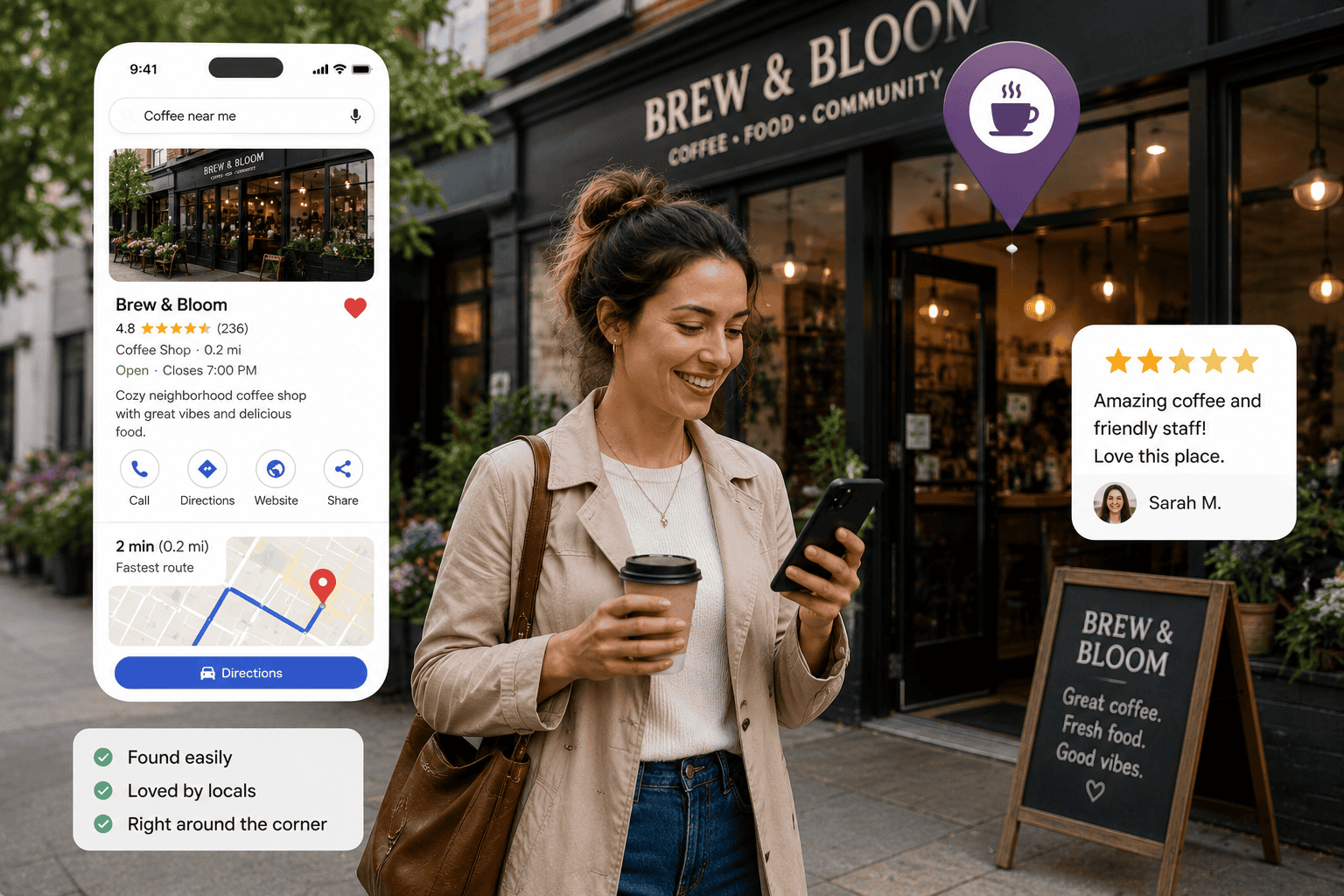 Customer selecting a nearby business after discovering it through local search platforms