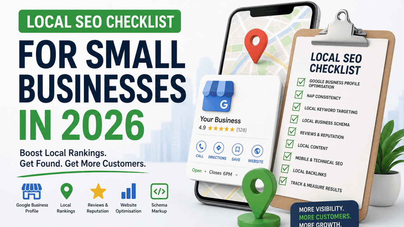 Illustration of a smartphone displaying a local business listing alongside a Local SEO checklist with Google Business Profile, reviews, schema markup, local rankings and map location icons, representing a practical local SEO strategy for small businesses in 2026.