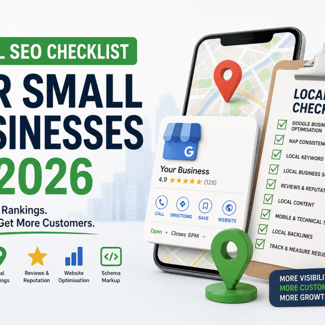 Illustration of a smartphone displaying a local business listing alongside a Local SEO checklist with Google Business Profile, reviews, schema markup, local rankings and map location icons, representing a practical local SEO strategy for small businesses in 2026.