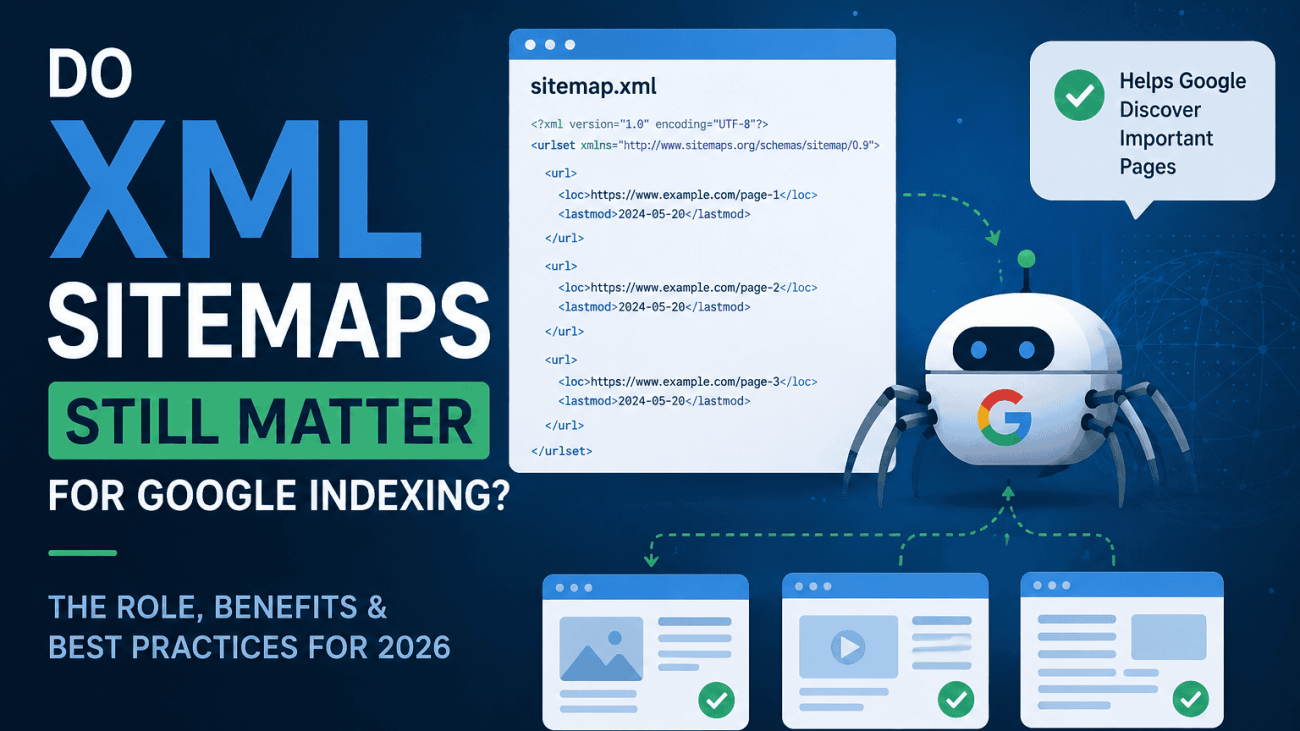 A modern digital marketing illustration showing an XML sitemap connected to a Google search crawler discovering website pages. The graphic represents how XML sitemaps help search engines find, crawl and prioritise important URLs for indexing, making it ideal as a featured image for a blog about XML sitemaps, Google indexing and technical SEO.