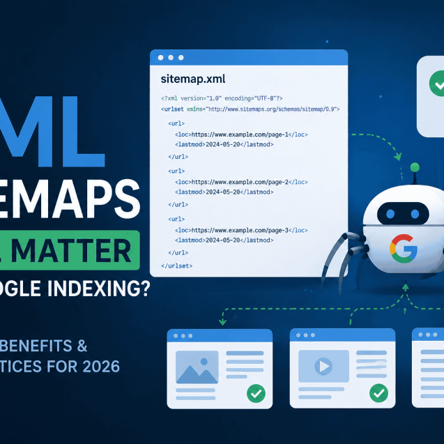 A modern digital marketing illustration showing an XML sitemap connected to a Google search crawler discovering website pages. The graphic represents how XML sitemaps help search engines find, crawl and prioritise important URLs for indexing, making it ideal as a featured image for a blog about XML sitemaps, Google indexing and technical SEO.