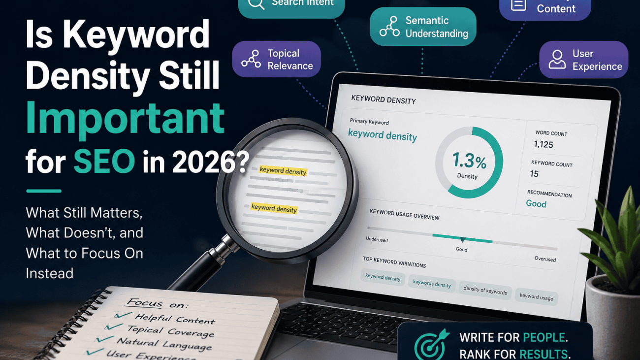 A modern SEO illustration showing keyword density analysis alongside concepts such as semantic search, topical relevance, search intent and helpful content, highlighting how keyword optimisation has evolved beyond simple keyword repetition.