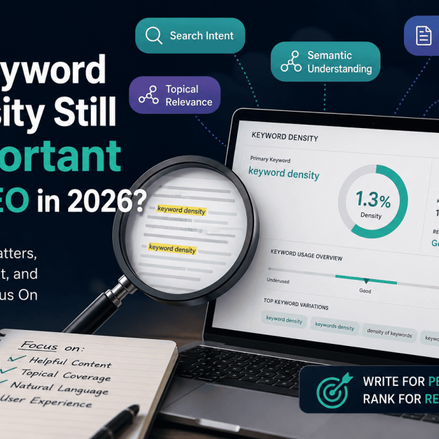A modern SEO illustration showing keyword density analysis alongside concepts such as semantic search, topical relevance, search intent and helpful content, highlighting how keyword optimisation has evolved beyond simple keyword repetition.