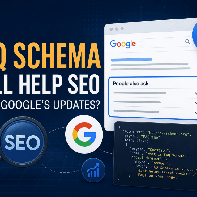 A modern digital illustration showing FAQ Schema in the context of SEO after Google’s updates. The image features a search engine results page with a FAQ section, JSON-LD schema code, SEO icons and Google-inspired search elements on a dark blue technology background, representing structured data, search visibility and modern technical SEO.