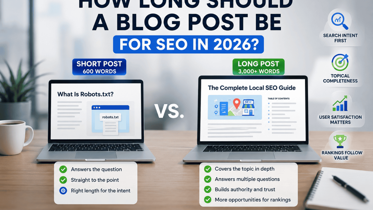 A modern digital marketing workspace comparing a short blog post and a long-form article on two laptops, illustrating that successful SEO in 2026 depends on matching search intent rather than hitting a specific word count. Visual elements highlight topical completeness, user satisfaction and content quality as the key ranking considerations.