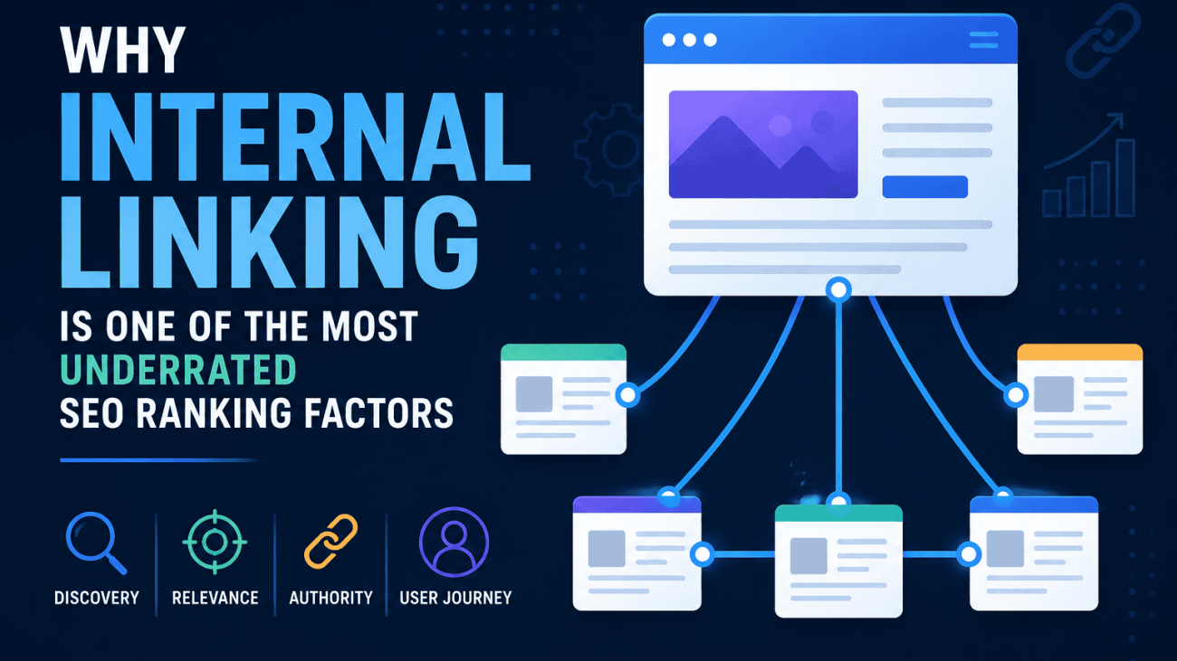A visual illustration showing how internal linking connects pages across a website to improve crawlability, relevance, authority distribution and user journeys. The diagram highlights how strategic internal links help search engines discover content, understand topical relationships and support SEO performance.