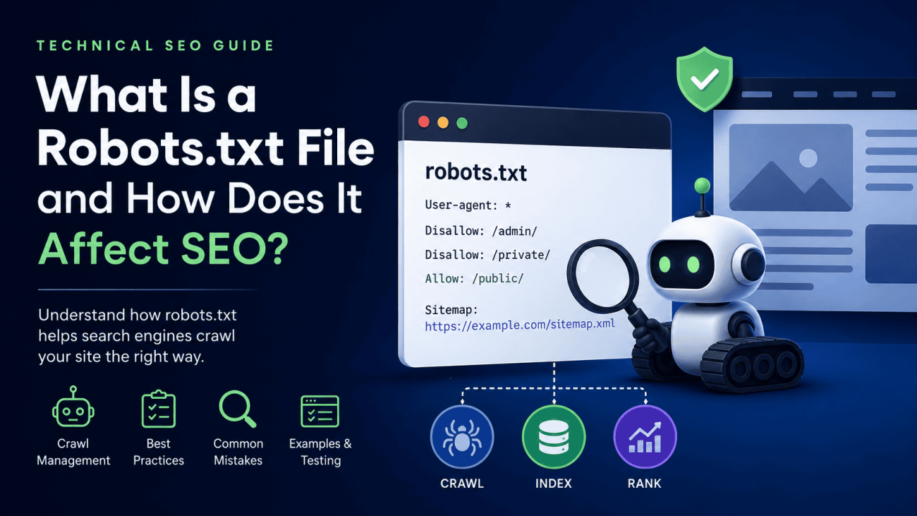 A modern illustration of a robots.txt file being analysed by a search engine crawler, showing how crawl directives influence website crawling, indexing and technical SEO best practices. Ideal for an article explaining what a robots.txt file is, how it affects SEO, and how to manage search engine bots effectively.