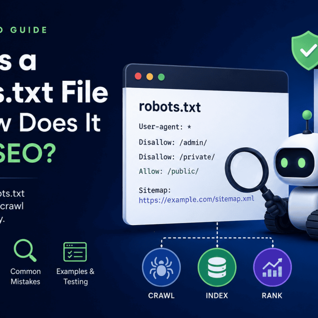 A modern illustration of a robots.txt file being analysed by a search engine crawler, showing how crawl directives influence website crawling, indexing and technical SEO best practices. Ideal for an article explaining what a robots.txt file is, how it affects SEO, and how to manage search engine bots effectively.