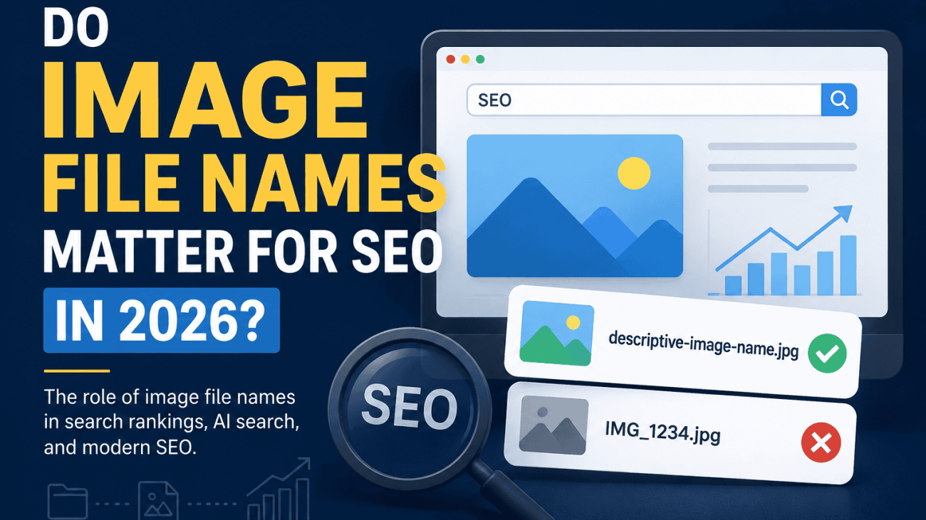 A modern digital illustration showing a search engine interface, image file name examples, an SEO magnifying glass and performance chart, highlighting the role of descriptive image file names in modern SEO and AI-powered search.