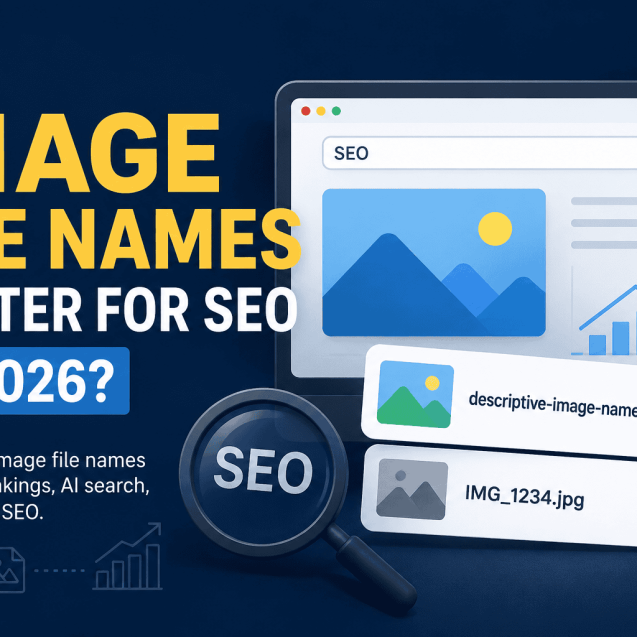 A modern digital illustration showing a search engine interface, image file name examples, an SEO magnifying glass and performance chart, highlighting the role of descriptive image file names in modern SEO and AI-powered search.