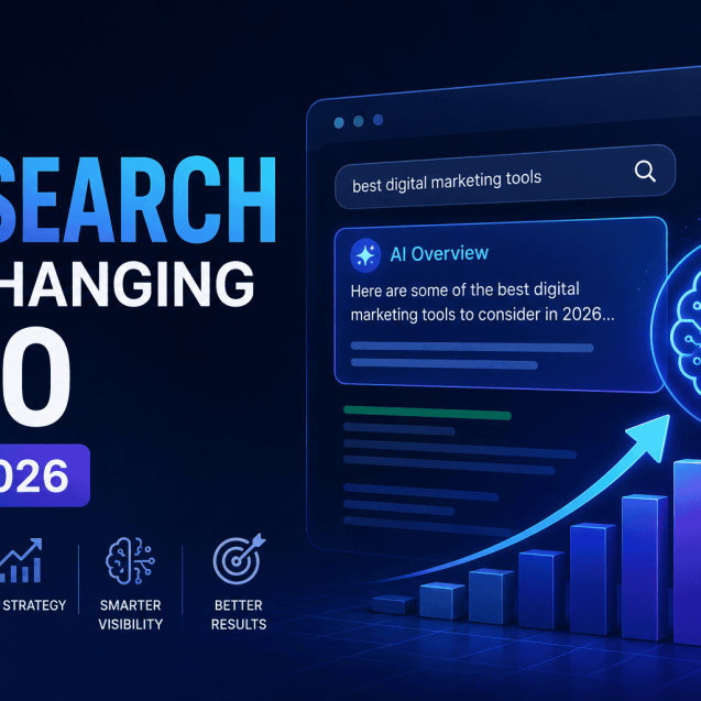 A futuristic digital illustration showing an AI-powered search interface with an AI Overview panel, search results, analytics charts and a glowing AI brain icon. The image represents how artificial intelligence is transforming SEO, search visibility and digital marketing strategies in 2026.