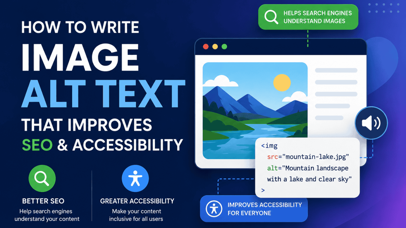 A modern digital illustration showing a website interface with an image, HTML alt text code and accessibility icons, representing best practices for writing image alt text that improves SEO, accessibility and search engine understanding.