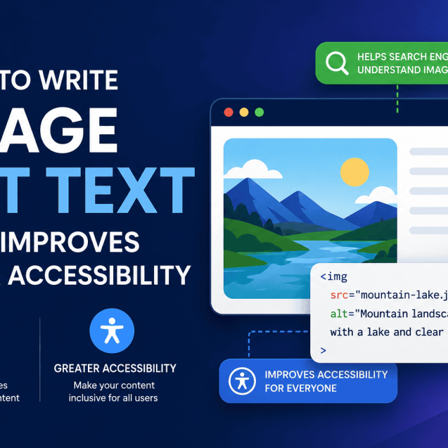 A modern digital illustration showing a website interface with an image, HTML alt text code and accessibility icons, representing best practices for writing image alt text that improves SEO, accessibility and search engine understanding.