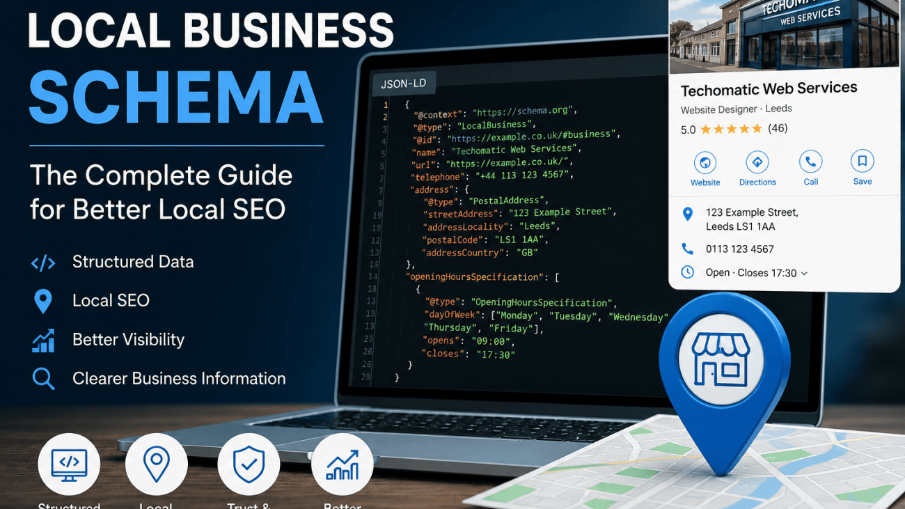 A laptop displaying Local Business Schema JSON-LD code alongside a business profile and map location pin, illustrating how structured data helps search engines better understand local businesses and supports Local SEO.